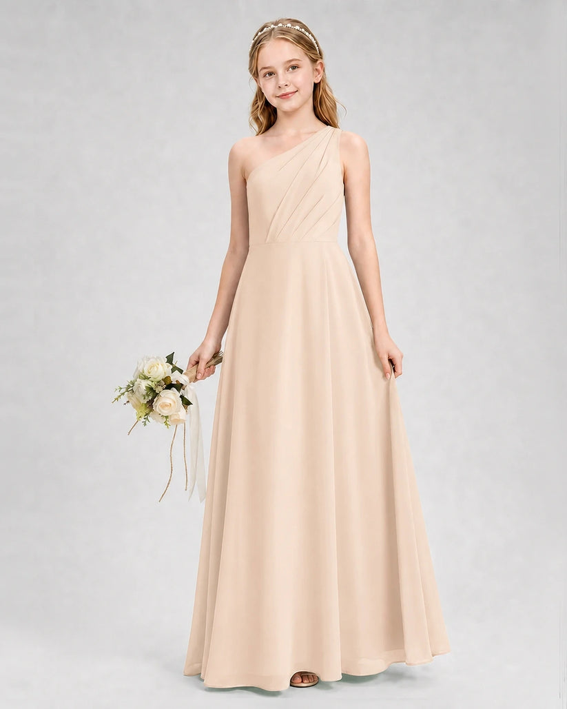 Peach Chiffon One-Shoulder Junior Bridesmaid Dresses Side View