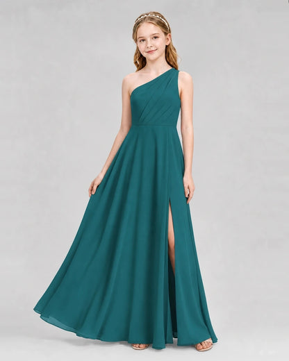 Dideyttawl One Shoulder Chiffon Junior Bridesmaid Dress with Slit
