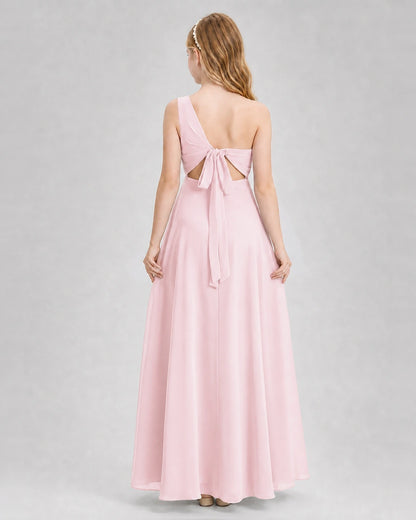 Dideyttawl One Shoulder Chiffon Junior Bridesmaid Dress with Slit