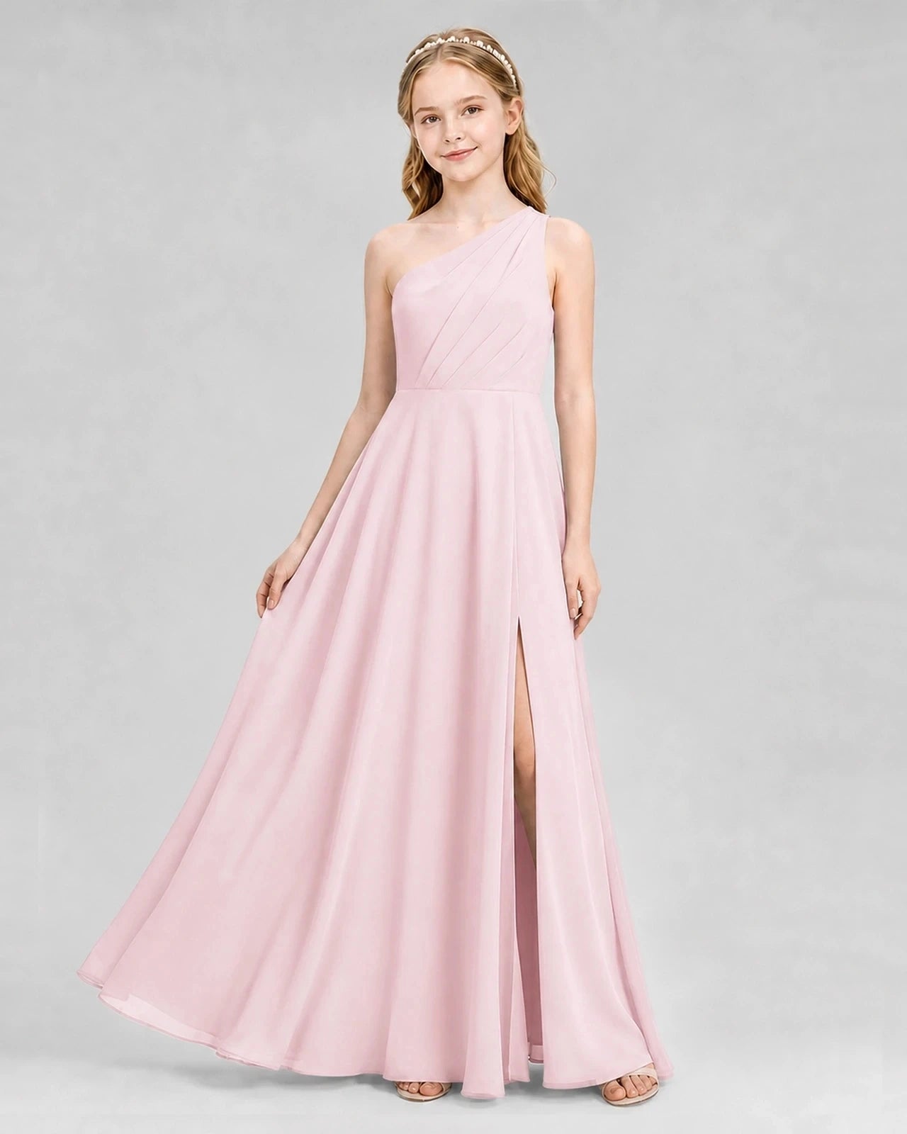 Dideyttawl One Shoulder Chiffon Junior Bridesmaid Dress with Slit
