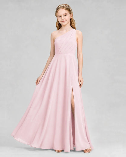 Dideyttawl One Shoulder Chiffon Junior Bridesmaid Dress with Slit