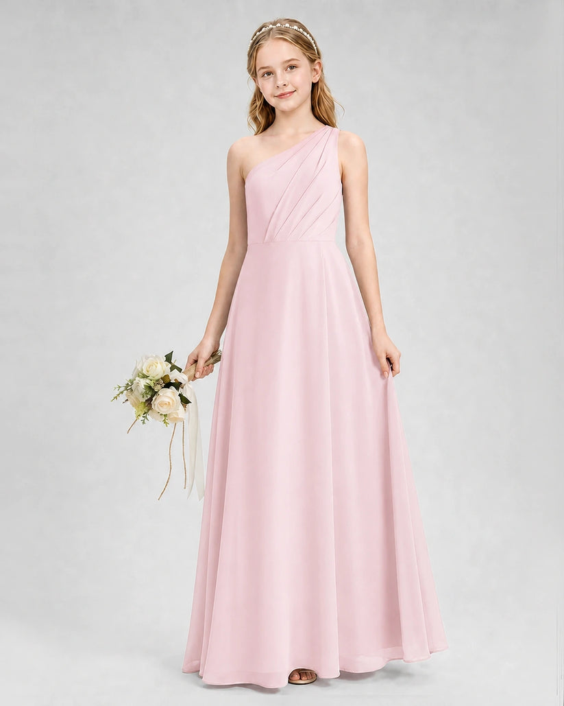 Pink Chiffon One-Shoulder Junior Bridesmaid Dresses Side View