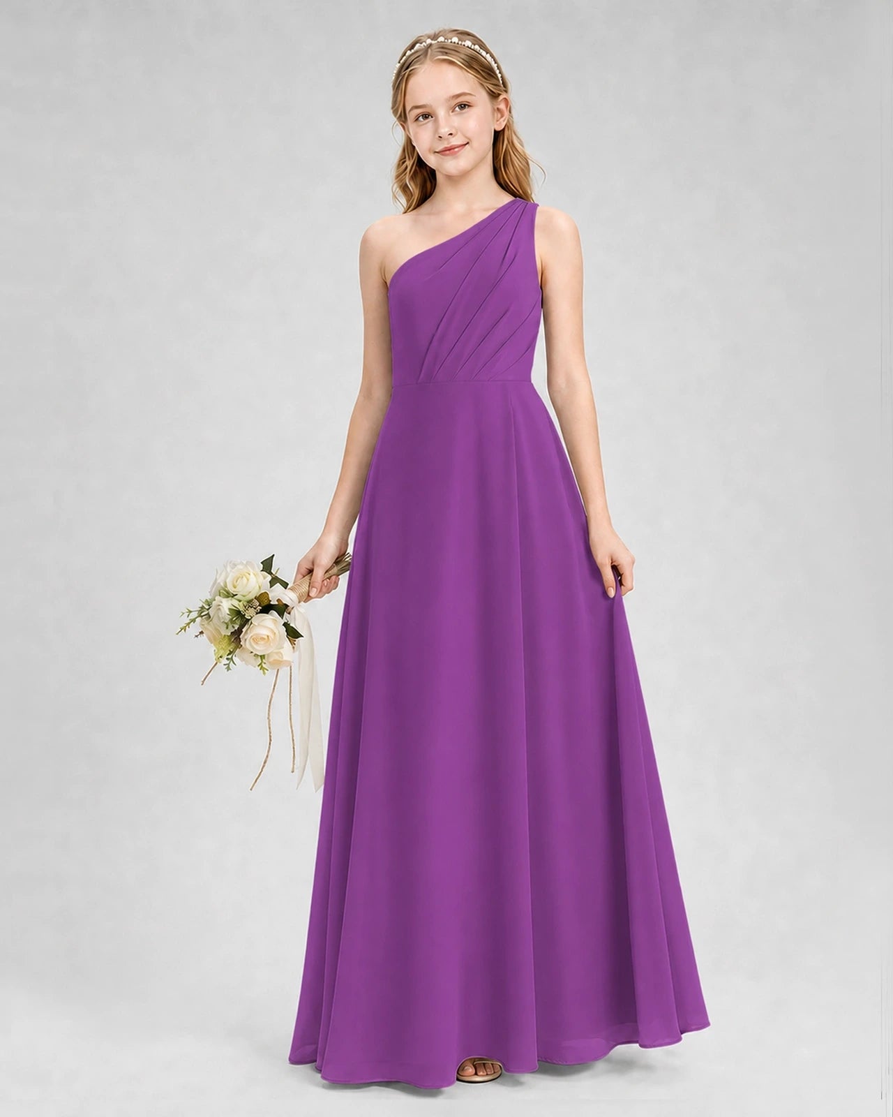 Dideyttawl One Shoulder Chiffon Junior Bridesmaid Dress with Slit