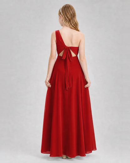 Dideyttawl One Shoulder Chiffon Junior Bridesmaid Dress with Slit