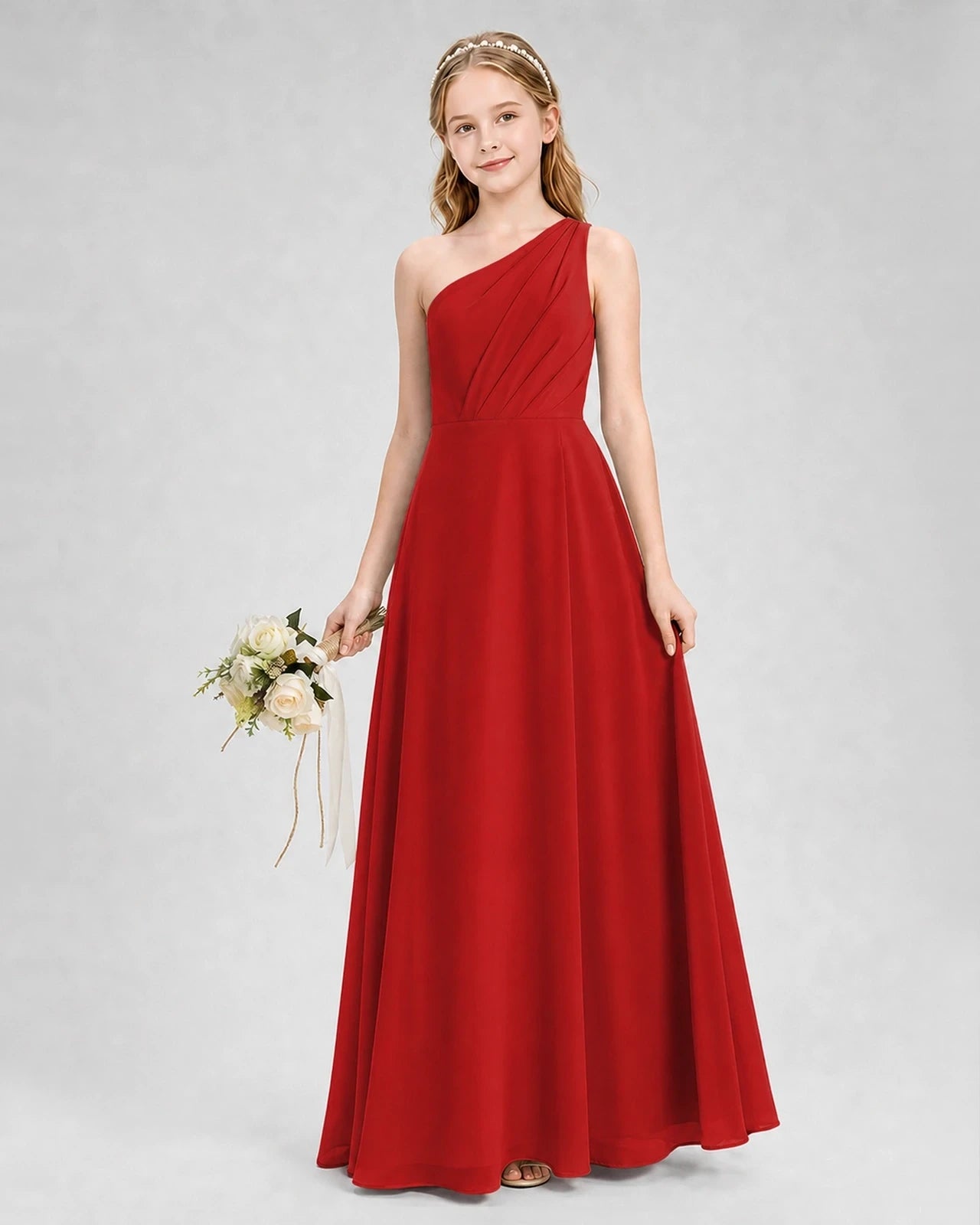Dideyttawl One Shoulder Chiffon Junior Bridesmaid Dress with Slit