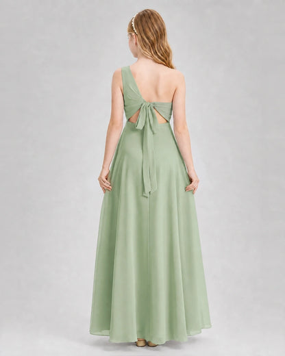 Dideyttawl One Shoulder Chiffon Junior Bridesmaid Dress with Slit