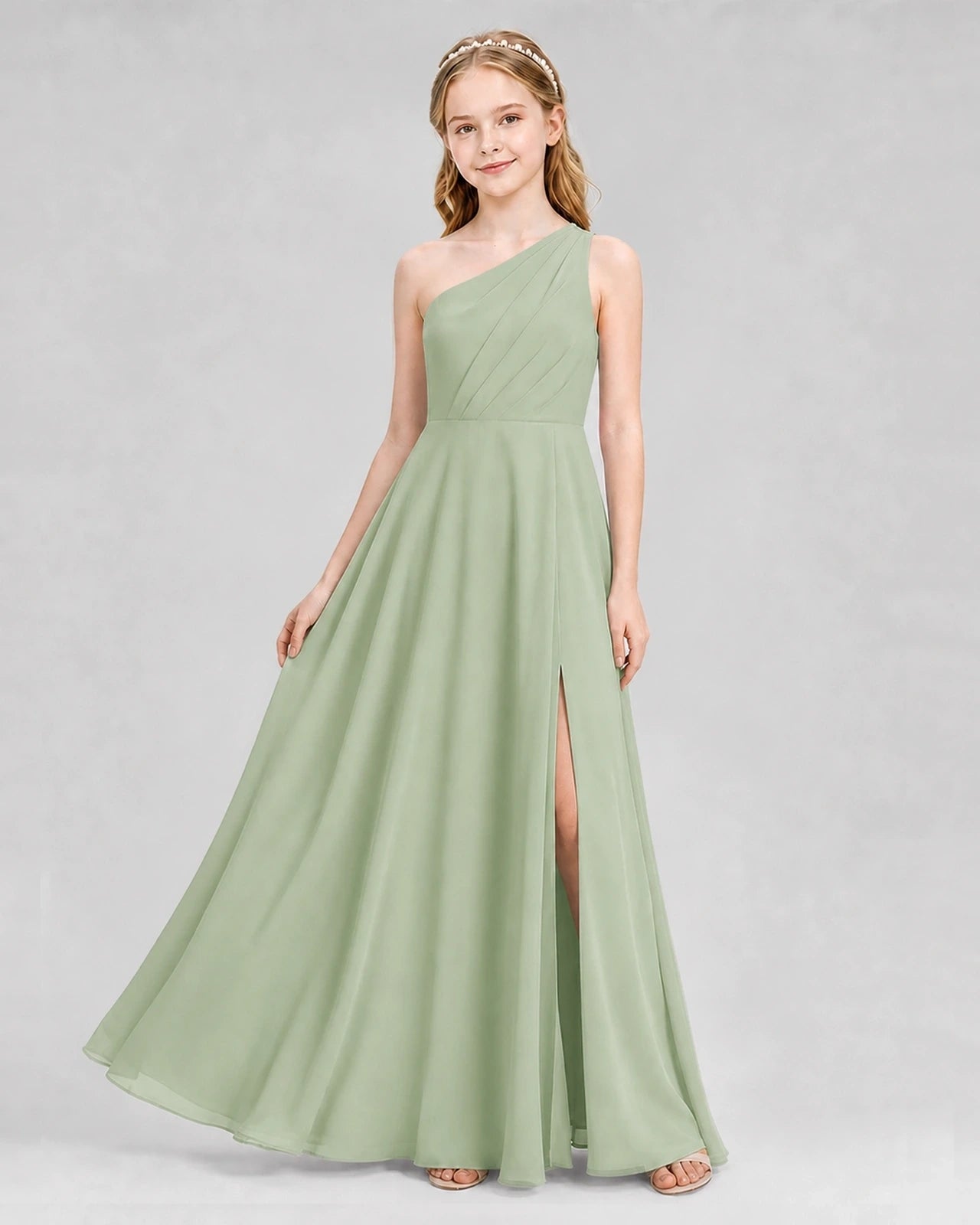 Dideyttawl One Shoulder Chiffon Junior Bridesmaid Dress with Slit