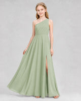 Sage Green Chiffon One-Shoulder Junior Bridesmaid Dresses Front View