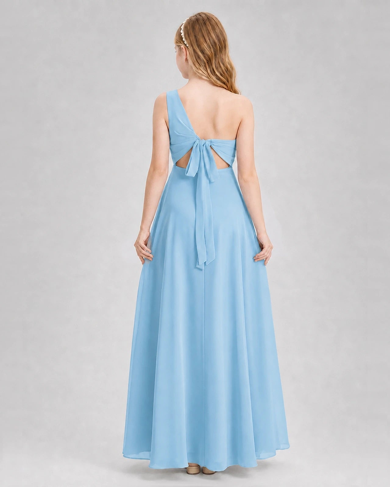 Dideyttawl One Shoulder Chiffon Junior Bridesmaid Dress with Slit