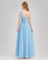Sky blue chiffon one-shoulder junior bridesmaid dress, back view.