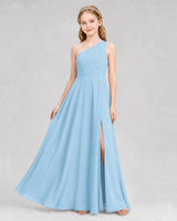 Sky Blue Chiffon One-Shoulder Junior Bridesmaid Dresses Front View
