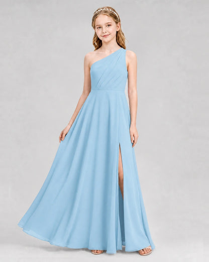 Dideyttawl One Shoulder Chiffon Junior Bridesmaid Dress with Slit