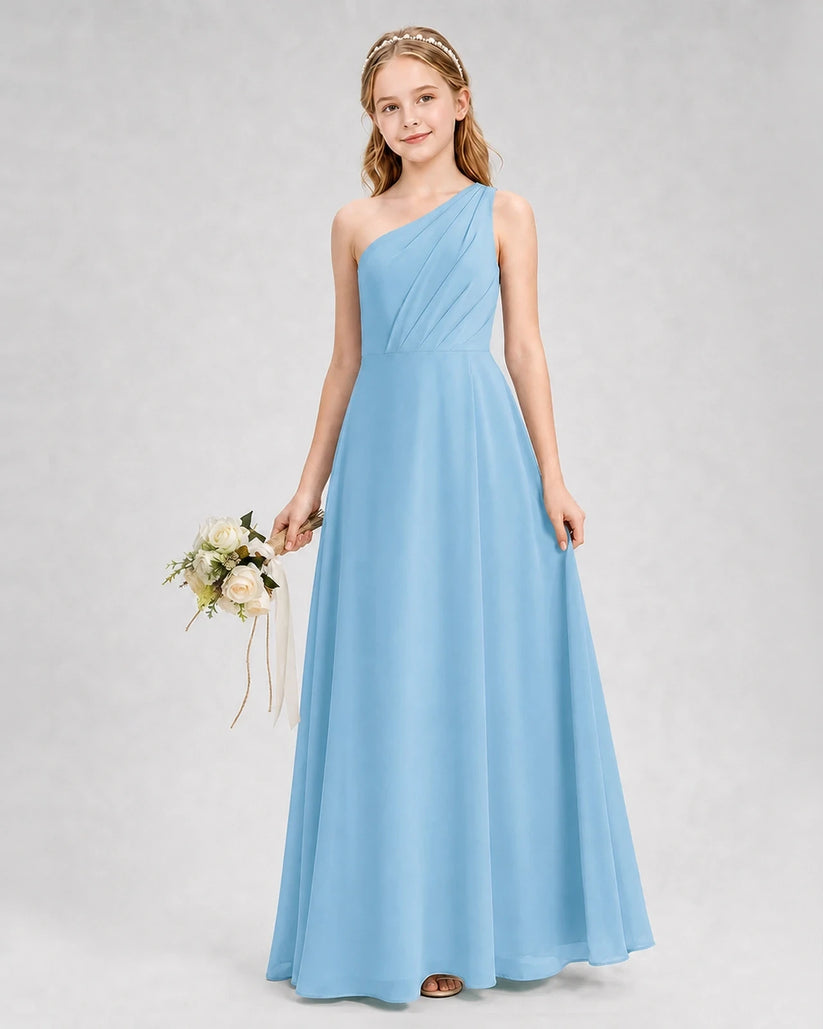 Sky Blue Chiffon One-Shoulder Junior Bridesmaid Dress Side View