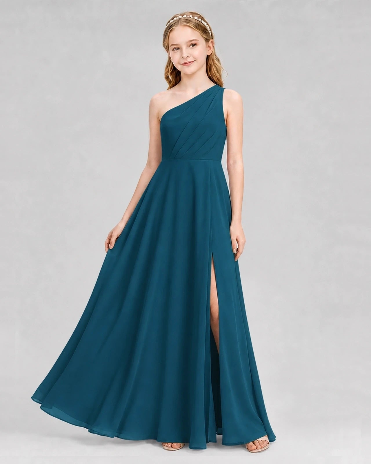 Dideyttawl One Shoulder Chiffon Junior Bridesmaid Dress with Slit