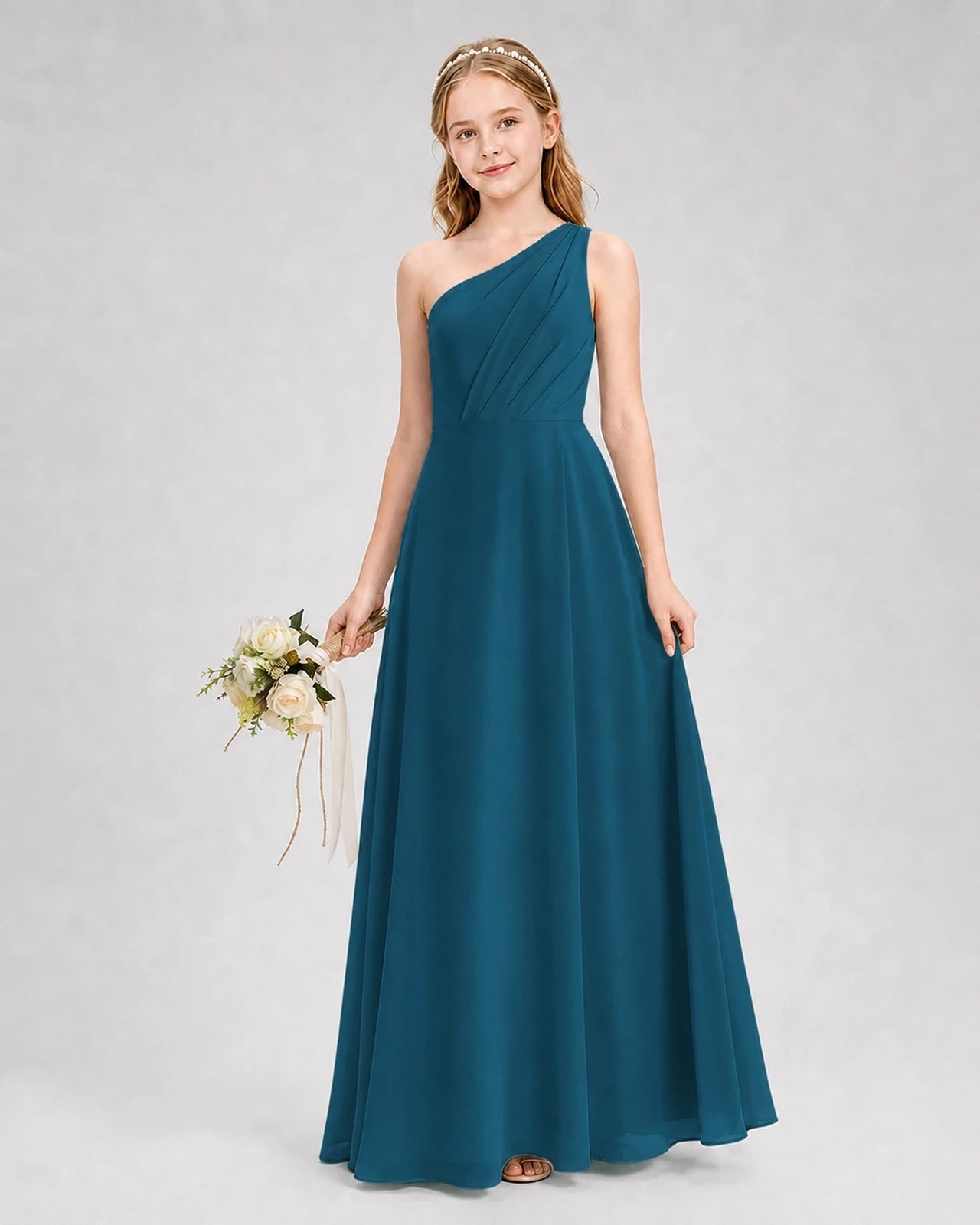 Dideyttawl One Shoulder Chiffon Junior Bridesmaid Dress with Slit