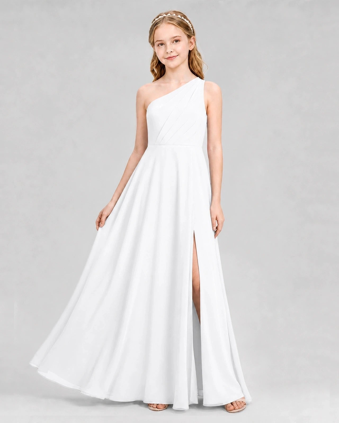 Dideyttawl One Shoulder Chiffon Junior Bridesmaid Dress with Slit