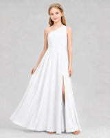 White Chiffon One-Shoulder Junior Bridesmaid Dresses Front View