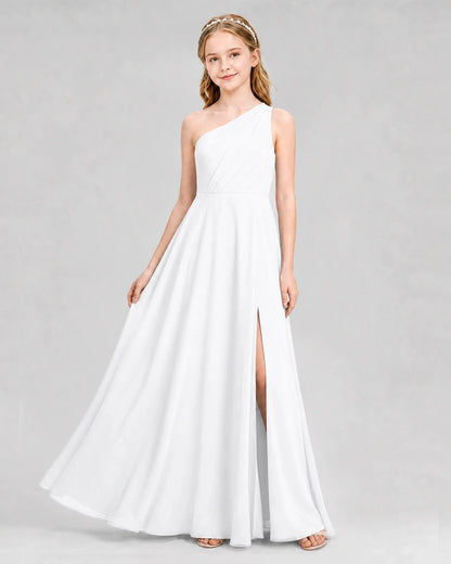 Dideyttawl One Shoulder Chiffon Junior Bridesmaid Dress with Slit