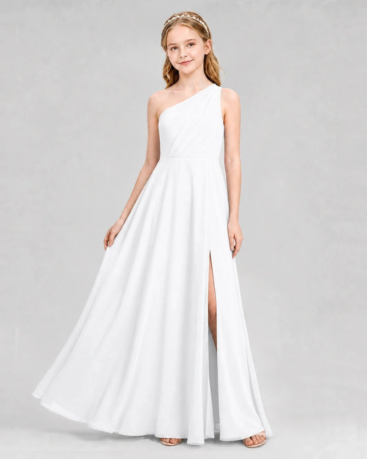 White Chiffon One-Shoulder Junior Bridesmaid Dresses Front View