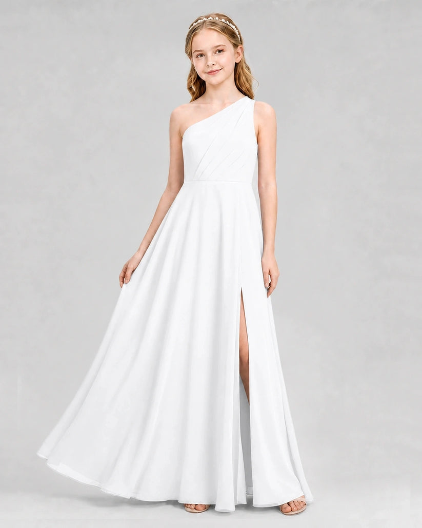 White Chiffon One-Shoulder Junior Bridesmaid Dresses Front View