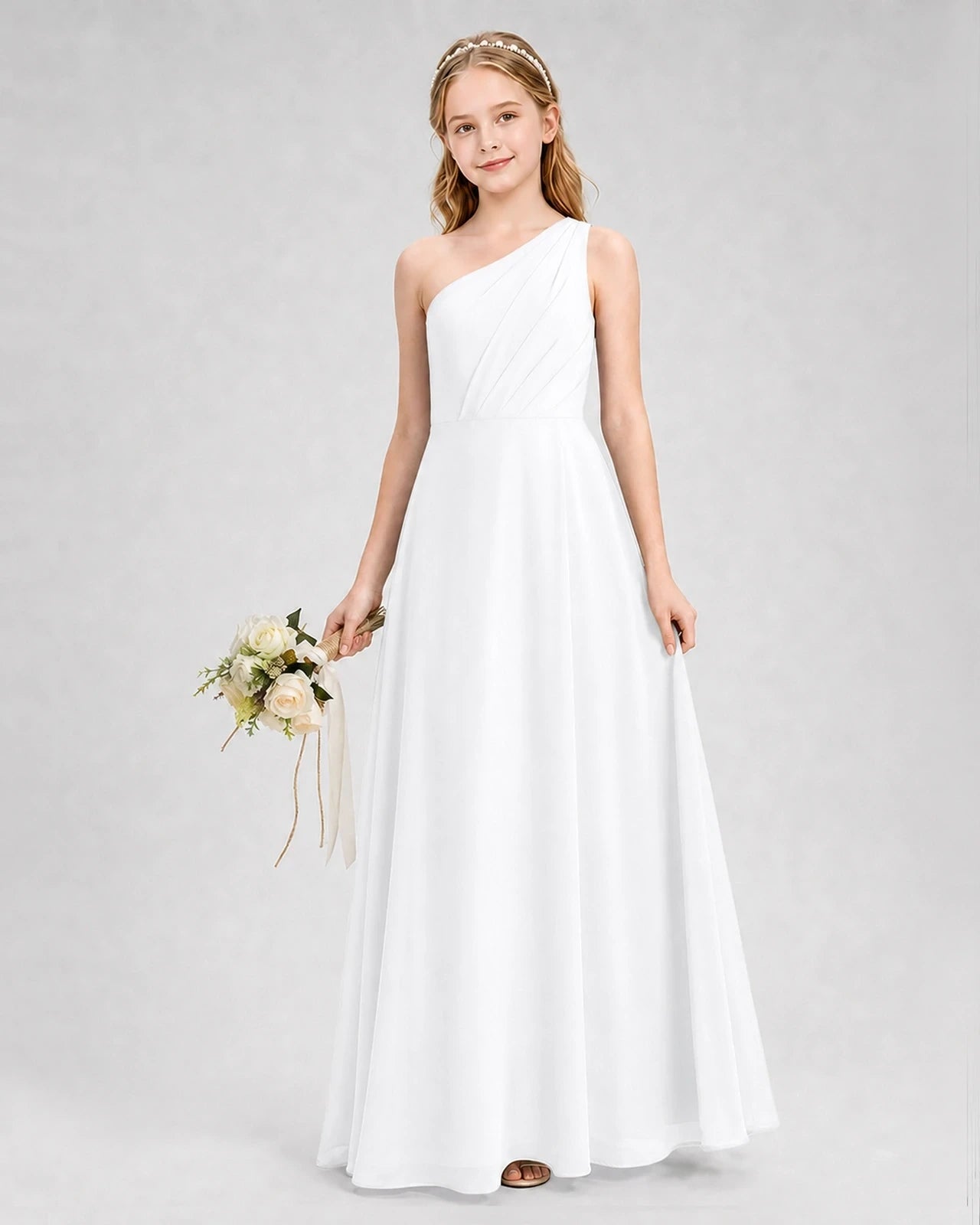 Dideyttawl One Shoulder Chiffon Junior Bridesmaid Dress with Slit