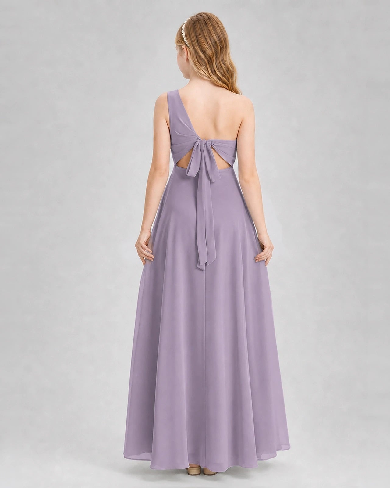 Dideyttawl One Shoulder Chiffon Junior Bridesmaid Dress with Slit