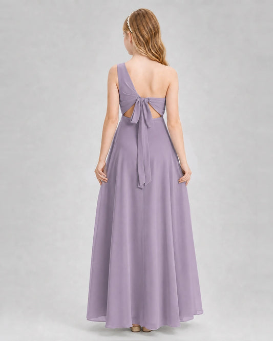 Wisteria Chiffon One-Shoulder Junior Bridesmaid Dress Back View