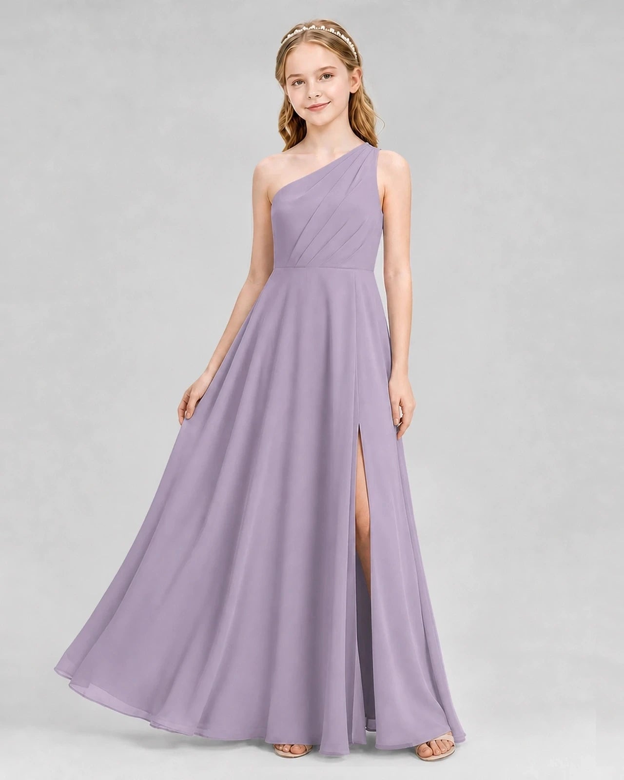 Dideyttawl One Shoulder Chiffon Junior Bridesmaid Dress with Slit