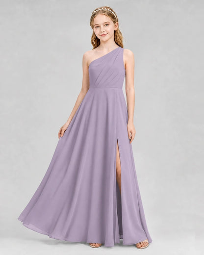 Dideyttawl One Shoulder Chiffon Junior Bridesmaid Dress with Slit