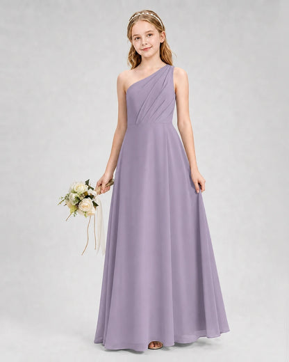 Dideyttawl One Shoulder Chiffon Junior Bridesmaid Dress with Slit