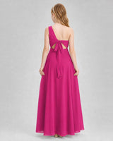 Hot Pink Chiffon One-Shoulder Junior Bridesmaid Dresses Back View