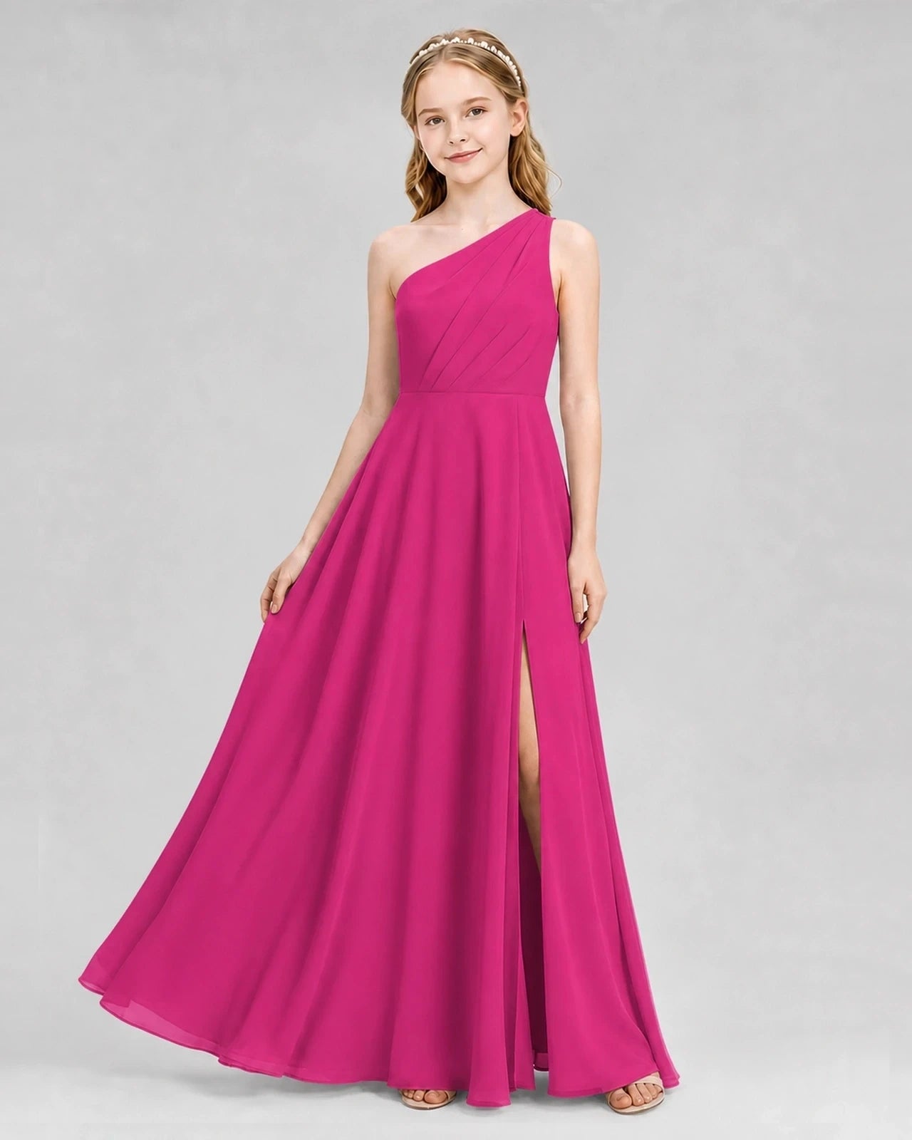 Dideyttawl One Shoulder Chiffon Junior Bridesmaid Dress with Slit