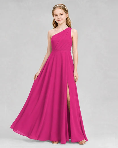 Dideyttawl One Shoulder Chiffon Junior Bridesmaid Dress with Slit