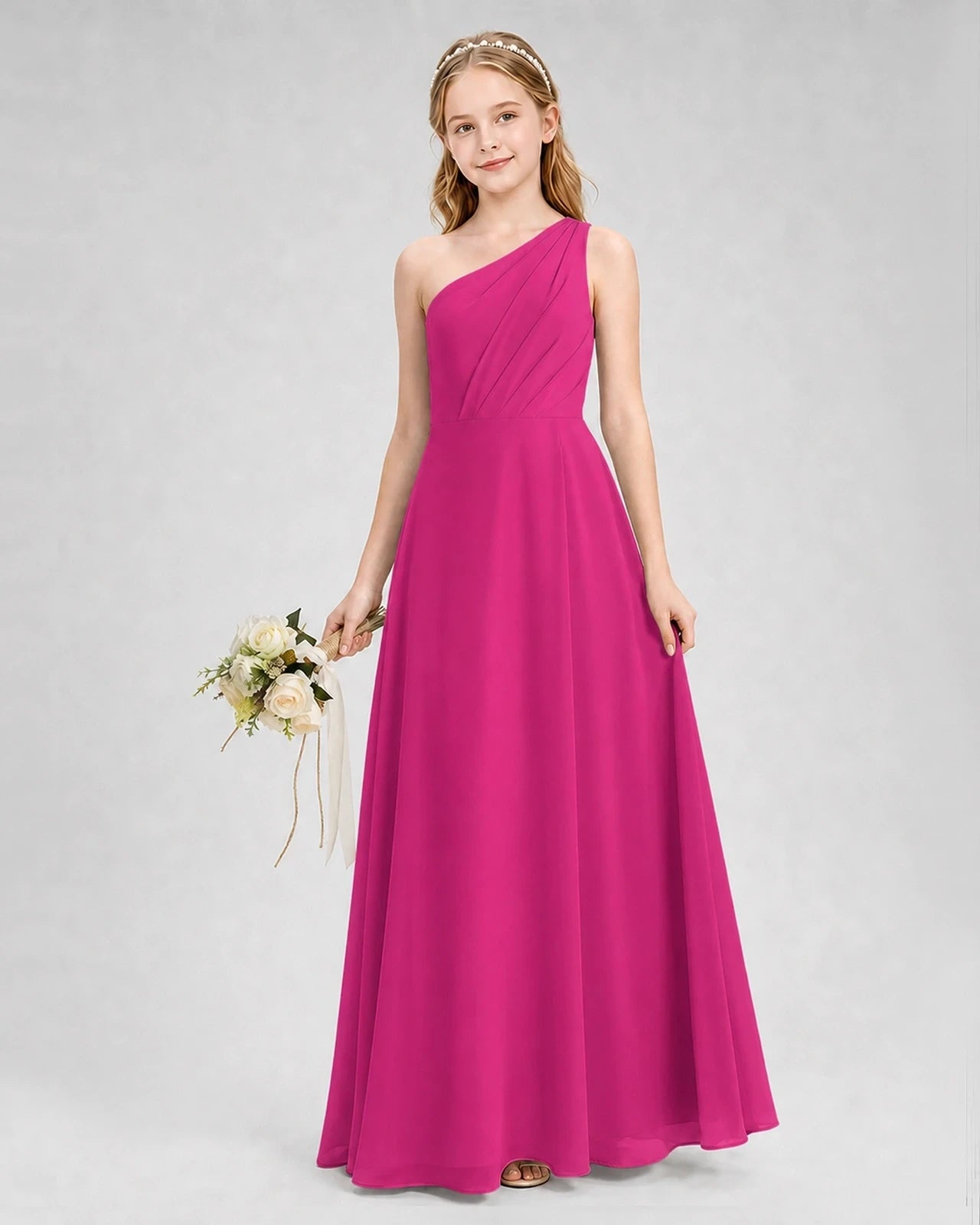 Dideyttawl One Shoulder Chiffon Junior Bridesmaid Dress with Slit