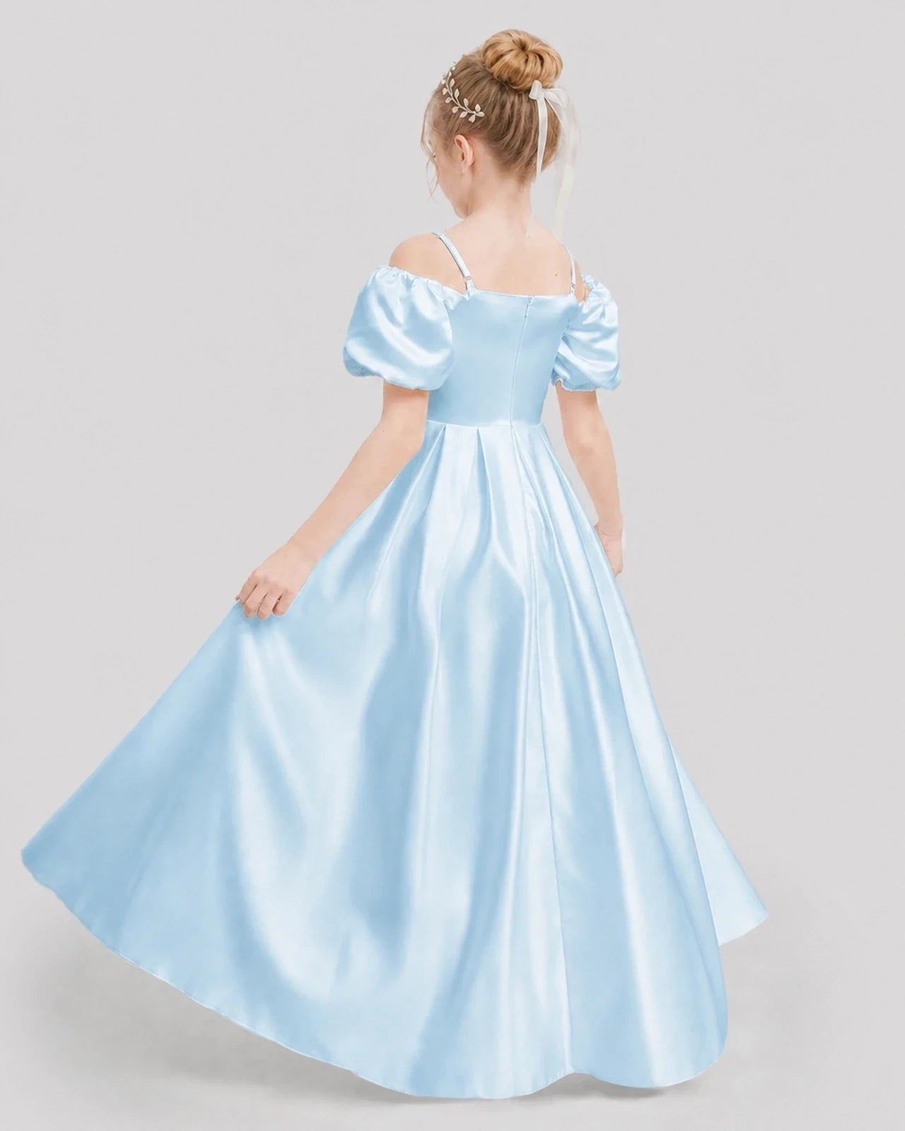 Dideyttawl Off the Shoulder Puff Sleeve Satin Girl Formal Dress