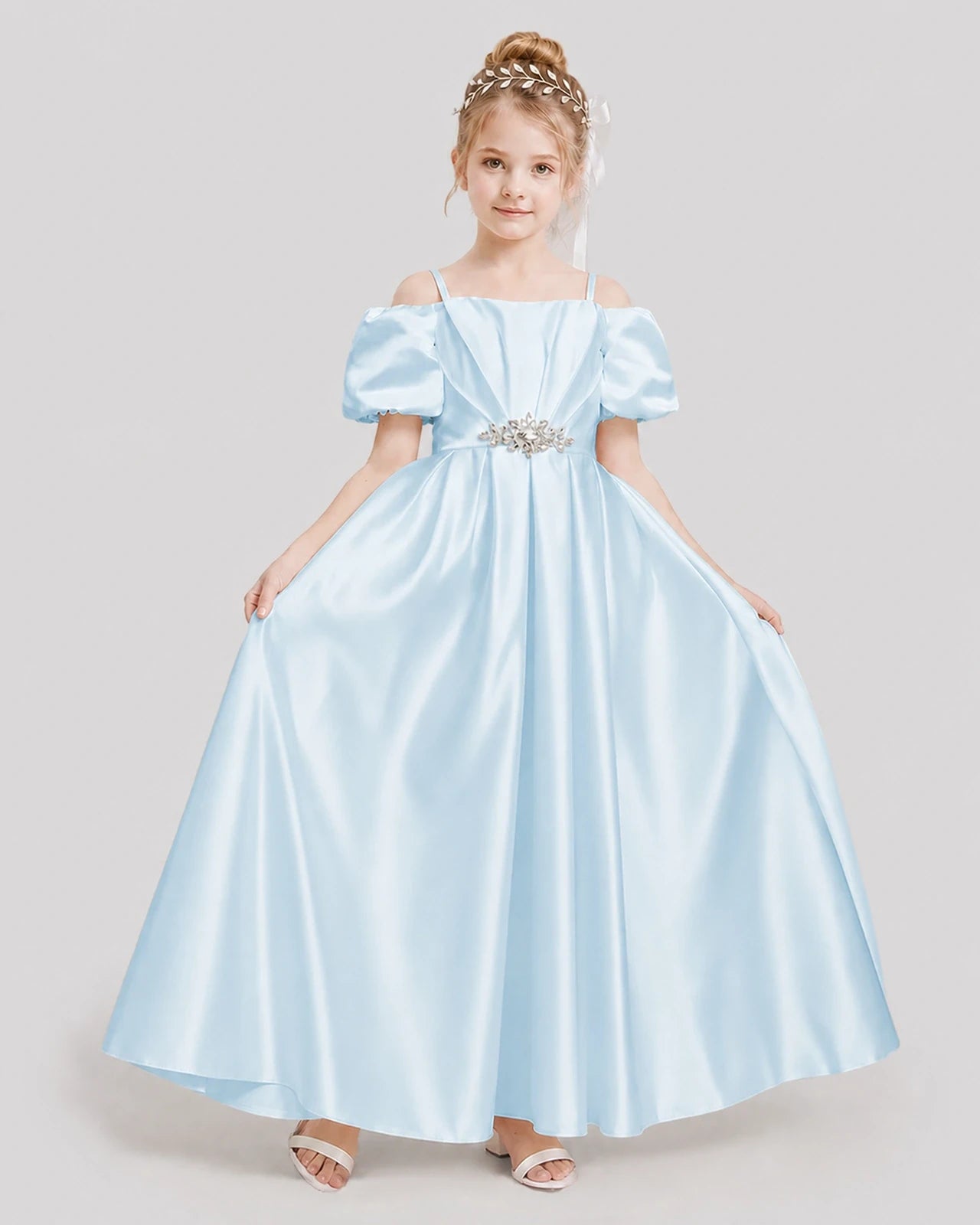 Dideyttawl Off the Shoulder Puff Sleeve Satin Girl Formal Dress