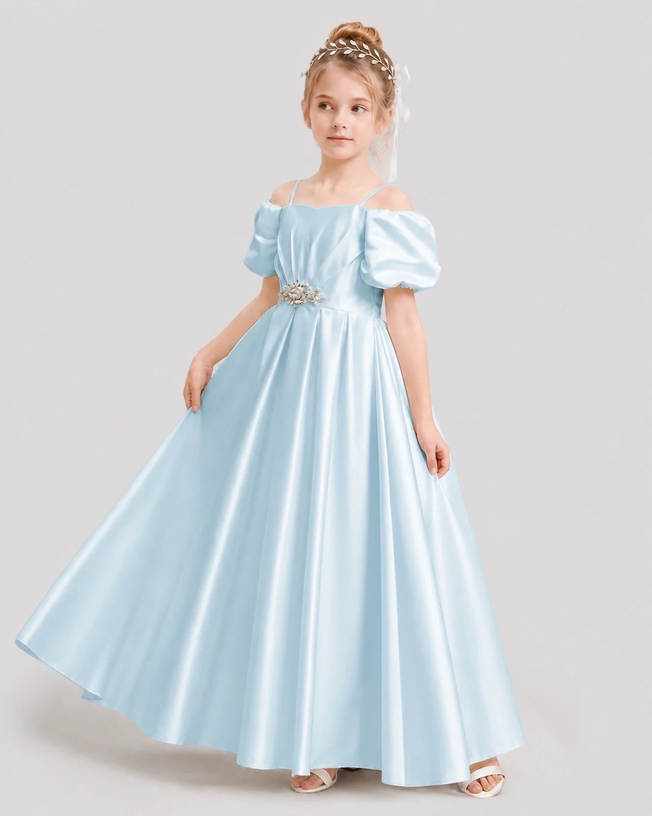 Dideyttawl Off the Shoulder Puff Sleeve Satin Girl Formal Dress