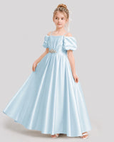 Baby Blue Satin Cold Shoulder A-Line Girls Formal Dresses Side View