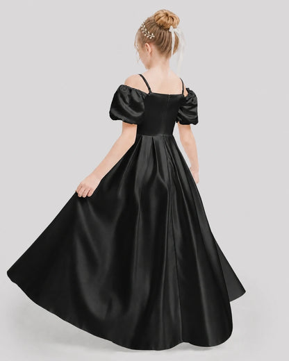 Dideyttawl Off the Shoulder Puff Sleeve Satin Girl Formal Dress