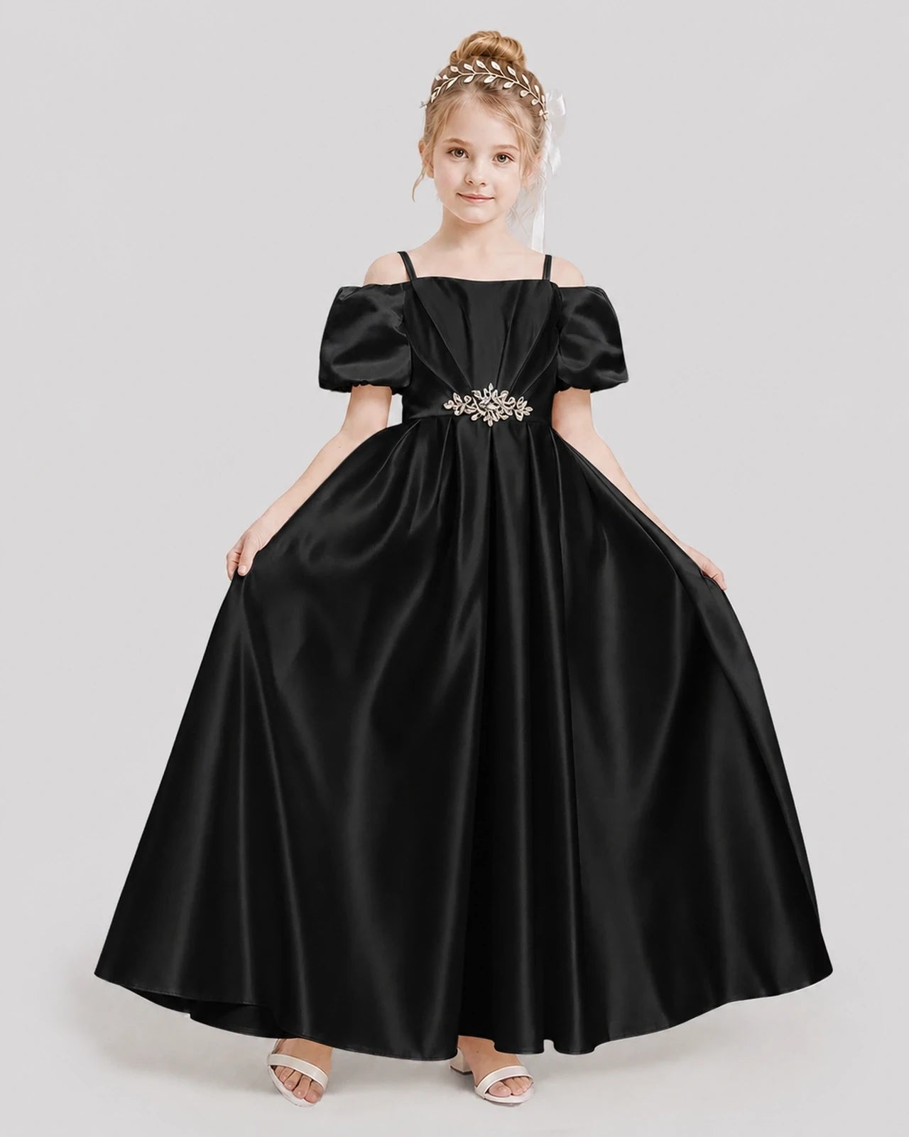 Dideyttawl Off the Shoulder Puff Sleeve Satin Girl Formal Dress