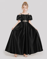 Black Satin Off-Shoulder Ball Gown Girls Formal Dresses Front View