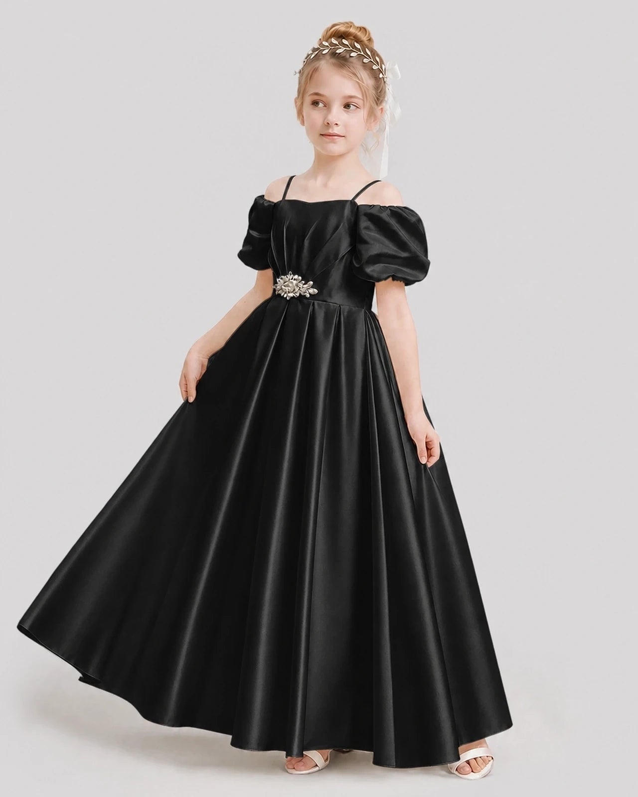 Dideyttawl Off the Shoulder Puff Sleeve Satin Girl Formal Dress