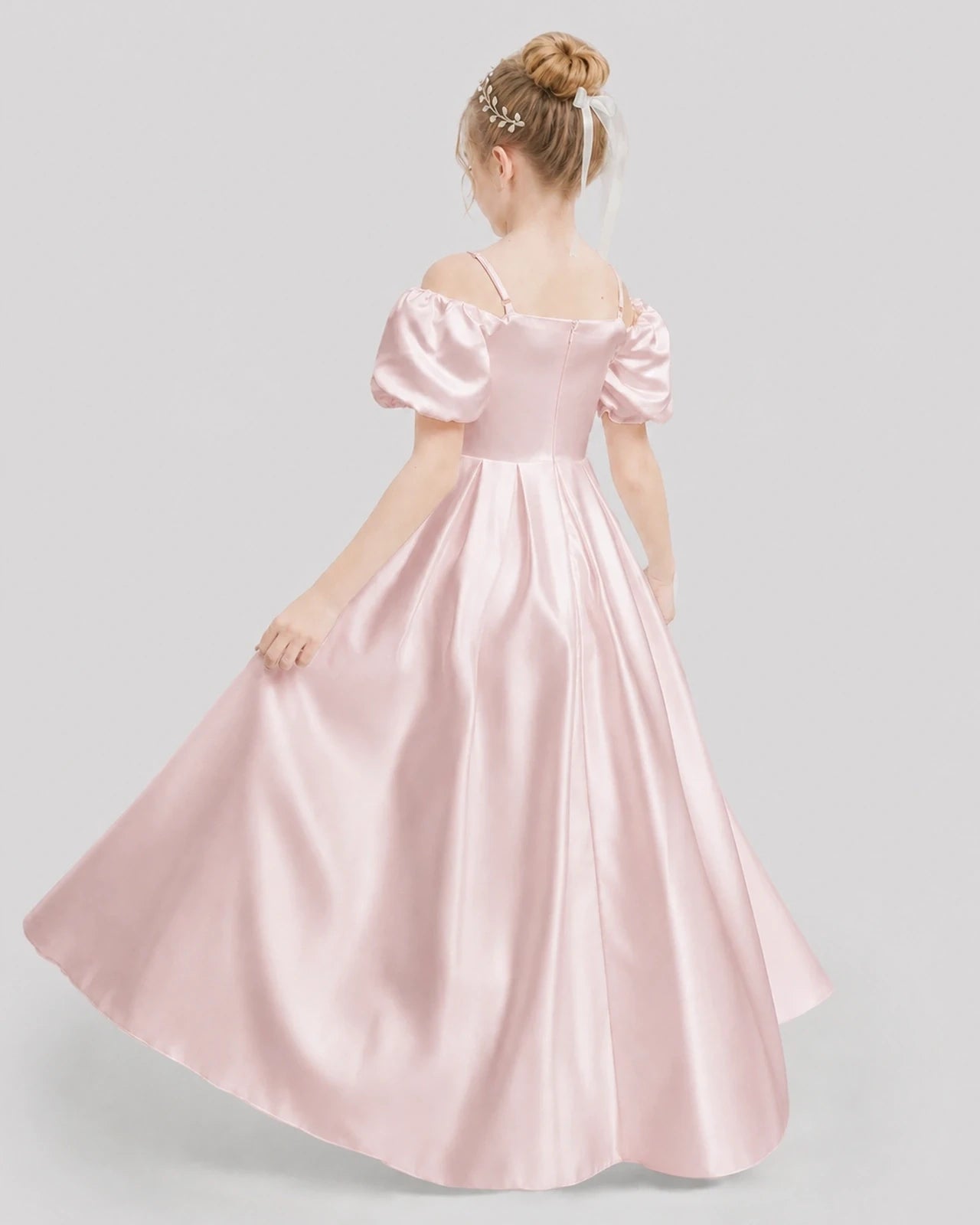 Dideyttawl Off the Shoulder Puff Sleeve Satin Girl Formal Dress