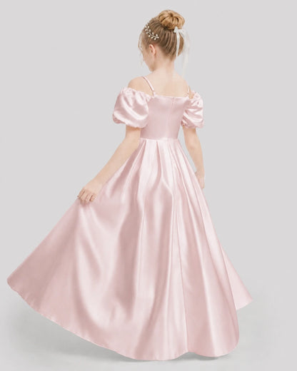 Dideyttawl Off the Shoulder Puff Sleeve Satin Girl Formal Dress