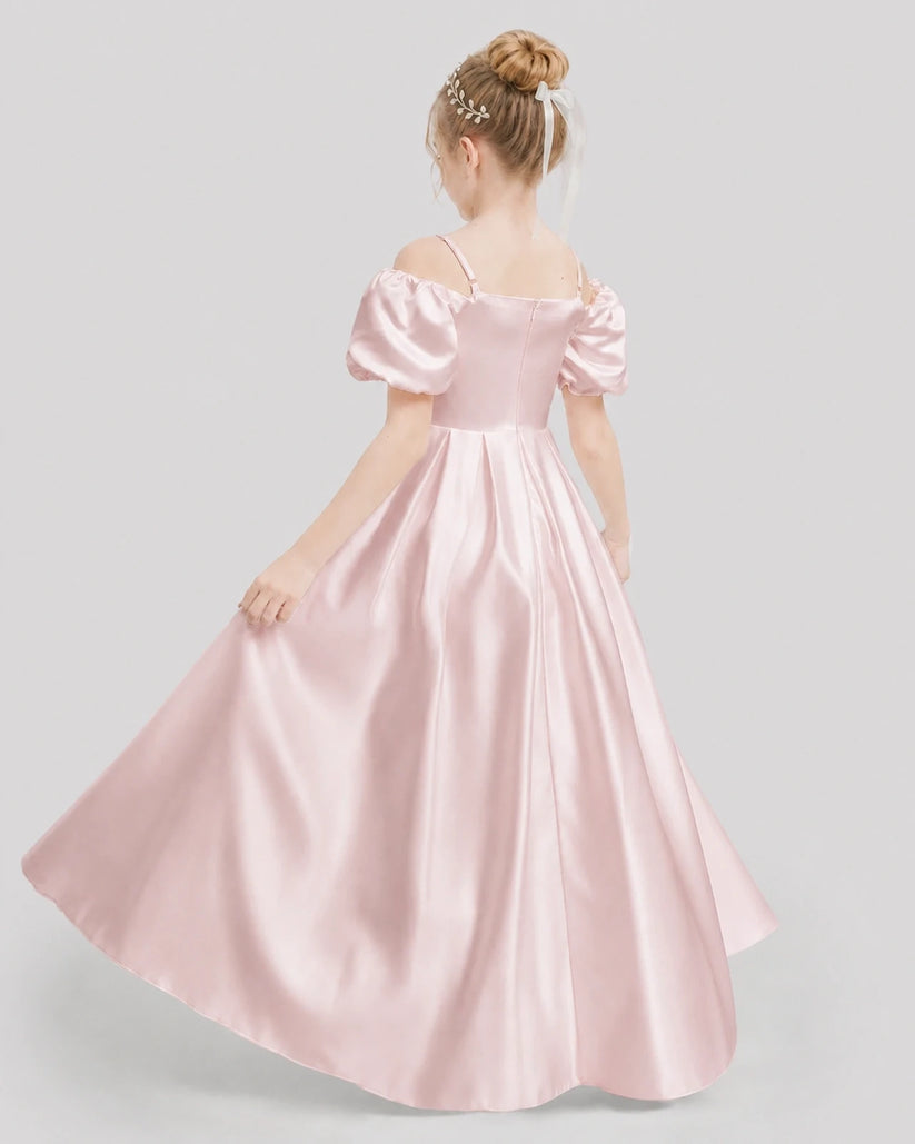 Blush Pink Satin Off-Shoulder Girls Formal Dresses Back View