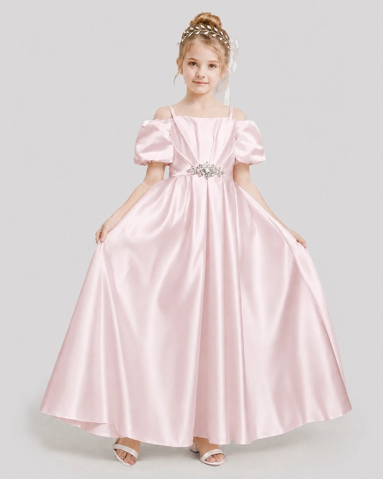 Dideyttawl Off the Shoulder Puff Sleeve Satin Girl Formal Dress