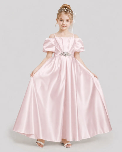Dideyttawl Off the Shoulder Puff Sleeve Satin Girl Formal Dress