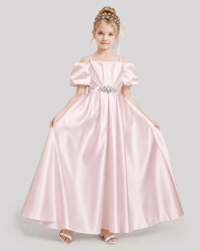 Blush Pink Satin Off-Shoulder A-Line Girls Formal Dresses Front View