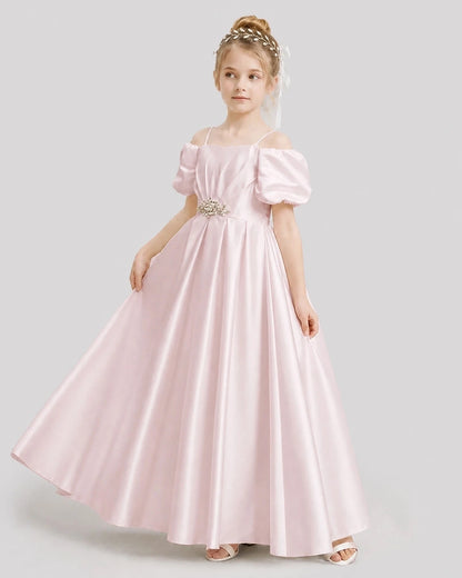 Dideyttawl Off the Shoulder Puff Sleeve Satin Girl Formal Dress