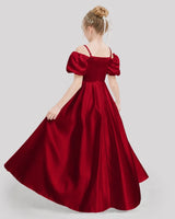 Burgundy Satin Off-the-Shoulder Girls Formal Dresses Back View